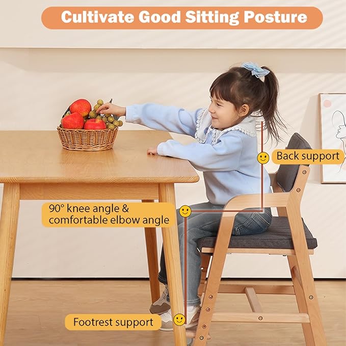 Swegrow Wooden High Chair with 2 Wheels, Adjustable Seat - Backrest - Footrest Heights, Wooden High Chair for Toddlers - Kids and Baby, Kids Dining Chair with Removable Cushion(Gray)