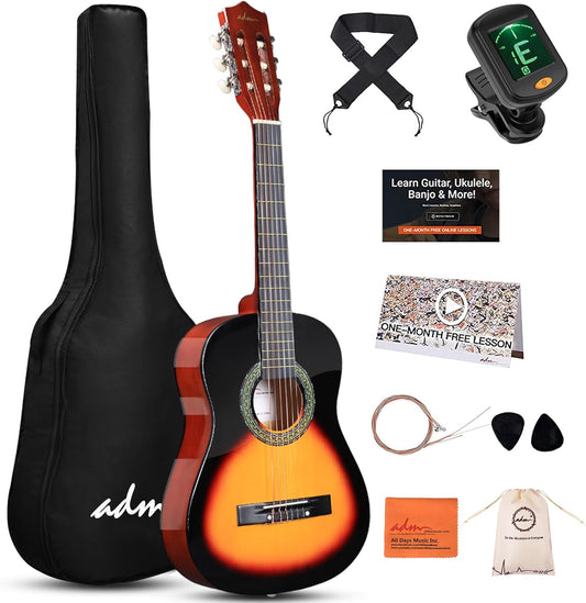 ADM Beginner Acoustic Classical Guitar Nylon Strings Wooden Guitar Bundle Kit for Kid Boy Girl Student Youth Guitarra Online Lessons with Gig Bag, Strap, Tuner, Strings, Picks (34 Inch, Sunburst)