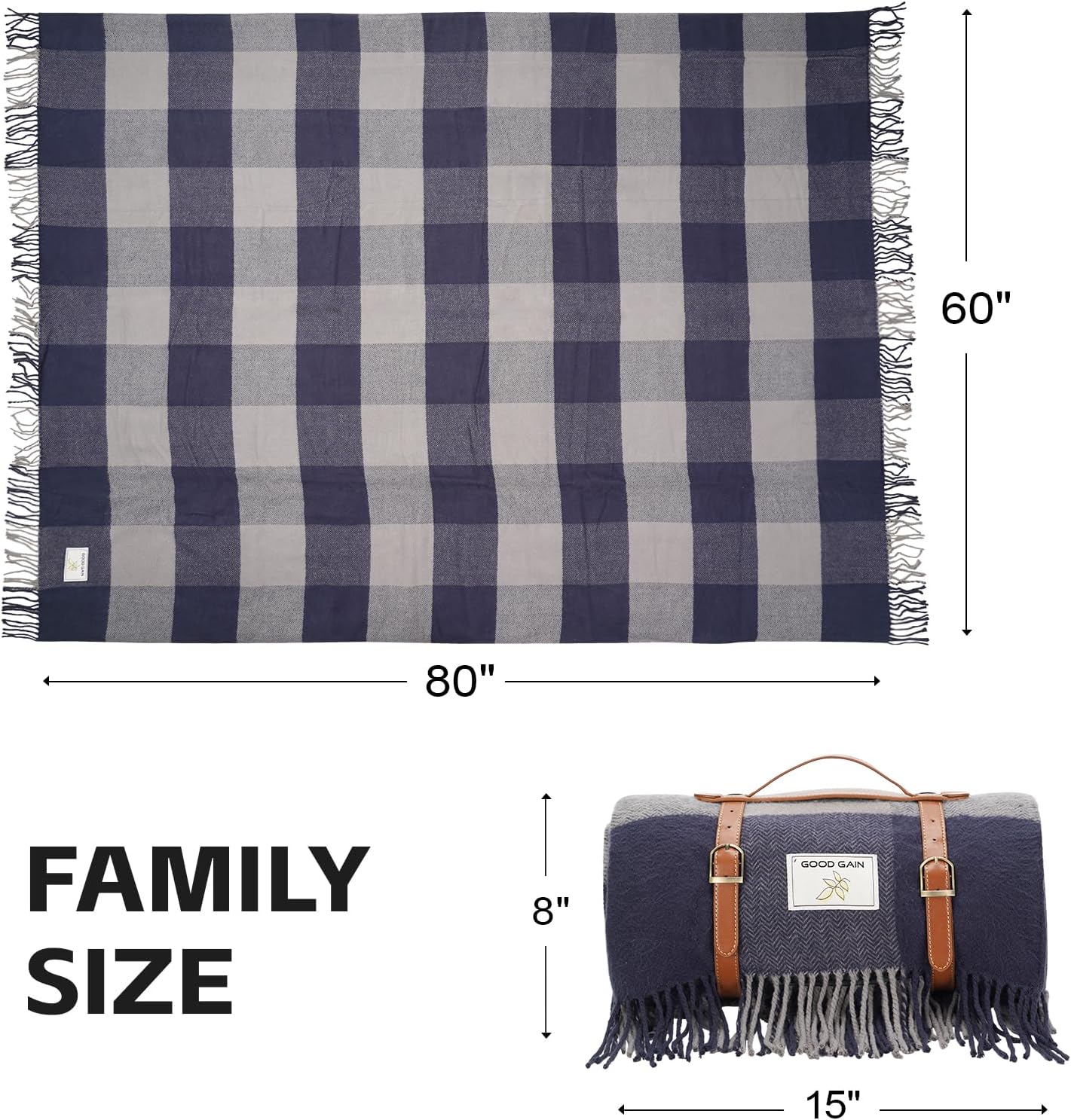 G GOOD GAIN Waterproof Picnic Blankets- Extra Large Outdoor Blanket Foldable, Beach Blanket with PU Handles, Sandproof Picnic Mat for Hiking, Camping, Lawn, Park, Grass.GreySquare