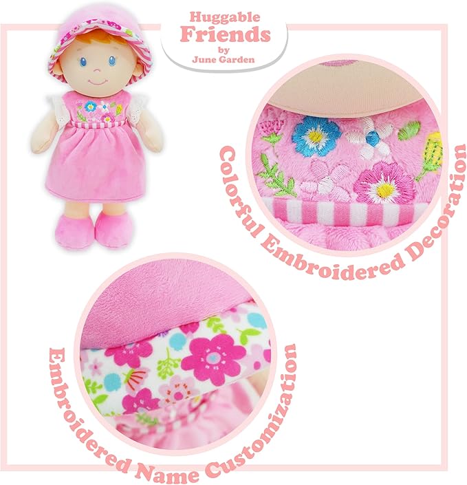 June Garden 12" Soft Dolly Emilia - Stuffed Soft Baby Doll Gift for 1 2 3 Year Old Girls - Pink Dress