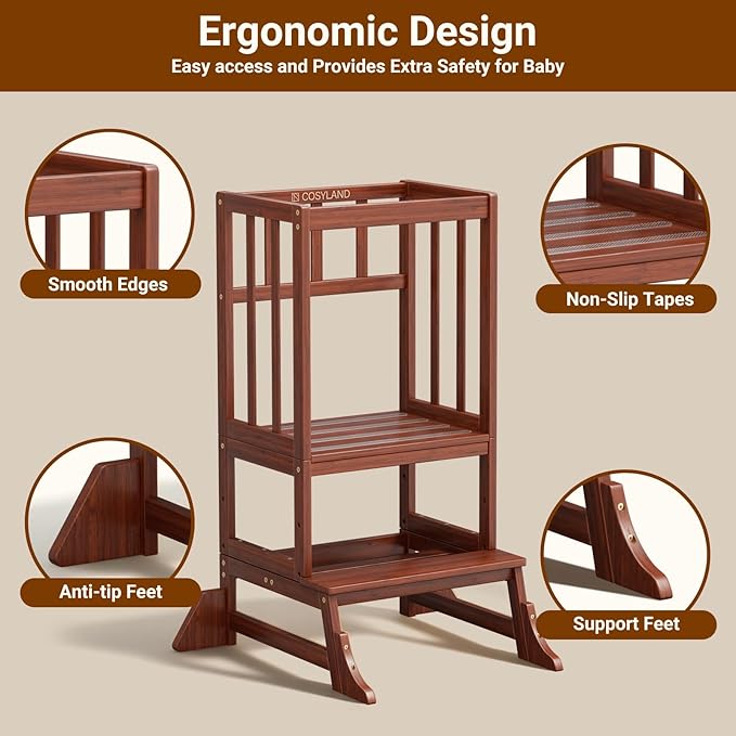 COSYLAND Toddler Step Stool Height Adjustable – Portable Kids Kitchen Stool Helper with Stabilizing Base Block – Toddler Standing Tower for Bathroom Living Room Dining Room (Brown)