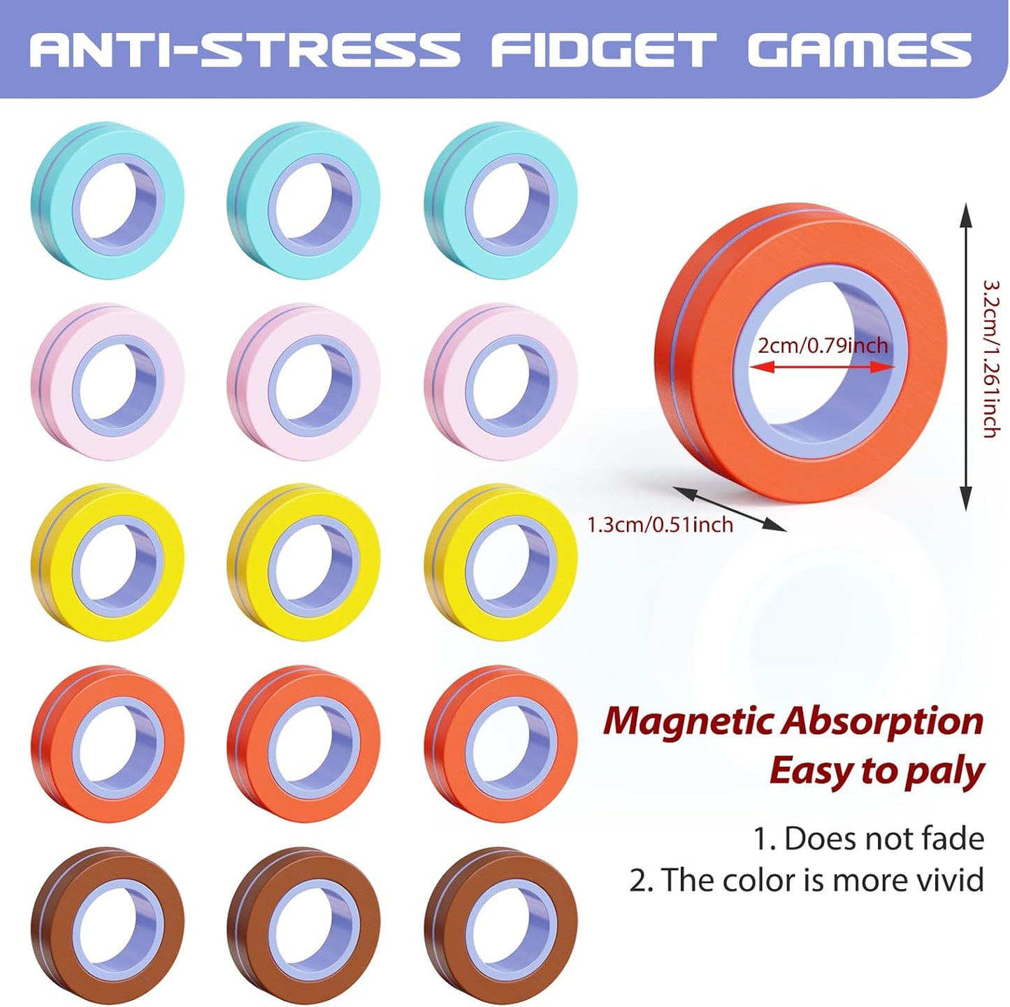15Pcs Magnetic Rings Fidget Toy for Adult, Idea ADHD Anxiety Magnetic Fidget Toys Set Fidget Spinner Rings for Relief, Gifts for 8 9 10 11 12 13+ Year Old Boy Girl Teen