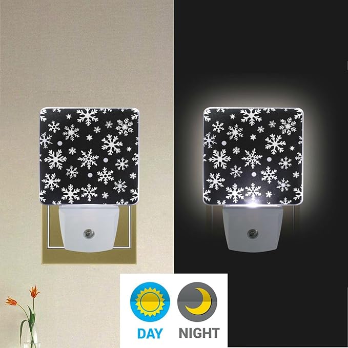 Aslsiy Night Light for Kids White Snowflakes Dots on Black (1) Plug in Wall Lamp LED Dusk to Dawn Sensor Energy Saving Nightlight for Boys Girls Men Women