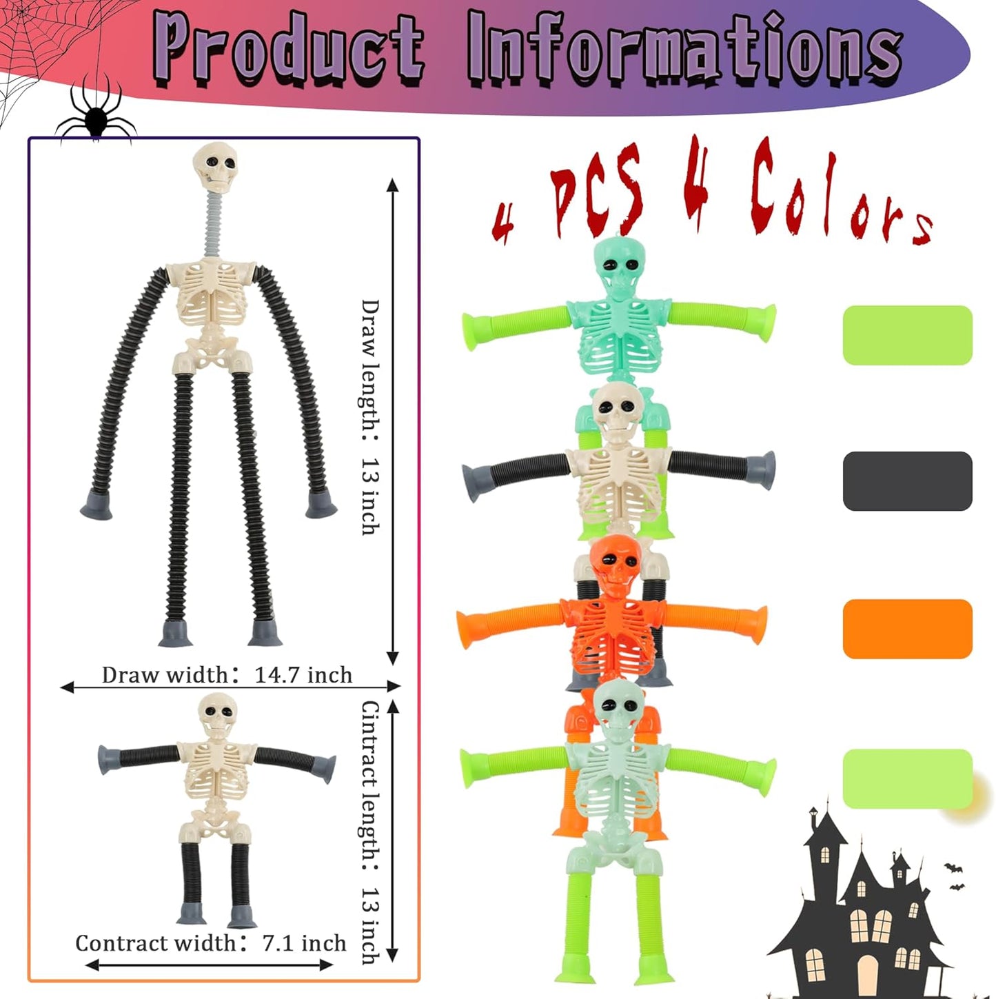 4PCS Telescopic Suction Cup Skeleton Toys, Shape Changing Telescopic Pop Tube Halloween Skeleton Fidget Toys, Skeleton Action Figure for Halloween Party Favors Kids Toddler Gift
