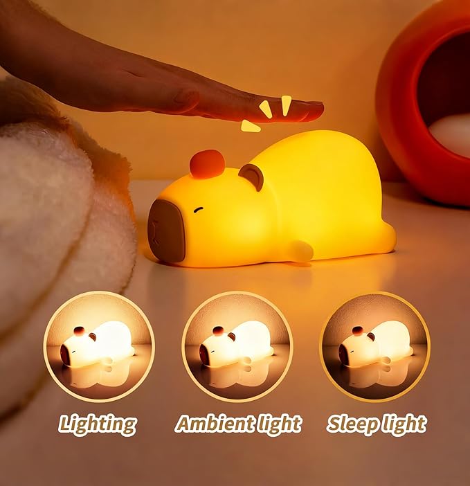 XunYang Cute Night Light for Kids Capybara Lamp, 3 Levels 7 Colors Tap Silicone Dimmable Nursery Nightlight for Boys Girls, USB Rechargeable Capybara Night Lamp for Bedroom - Yellow