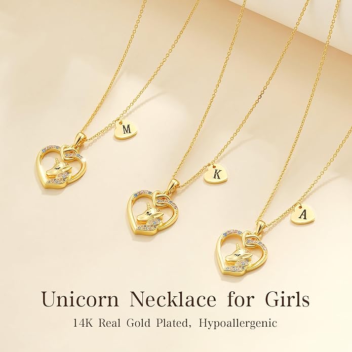 Unicorn Initial Necklaces Gifts for Girls Kids - 14K Real Gold Plated Heart Initial Unicorn Necklace Teen Girls Gifts Trendy Stuff Heart Letter Necklace for Women Girl Kids