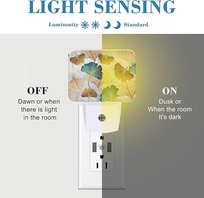 Luxurious Golden Ginkgo Leaves Night Light Plug into Wall, Green Ginkgo Night Light with Dusk to Dawn Sensor for Kid Girls Boys Women Men Bedroom, Hallway, Kitchen, Bathroom, Stairs Decor