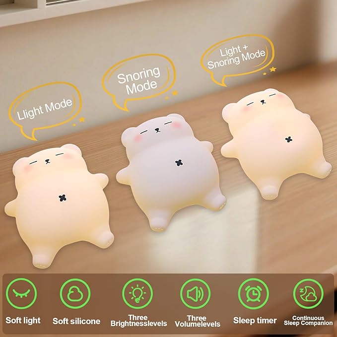 Squishy Night Light for Kids, Bear Silicone Night Light - Rechargeable with Soothing Snore Sounds & Moving Tummy, 3-Level Dimming Touch Control