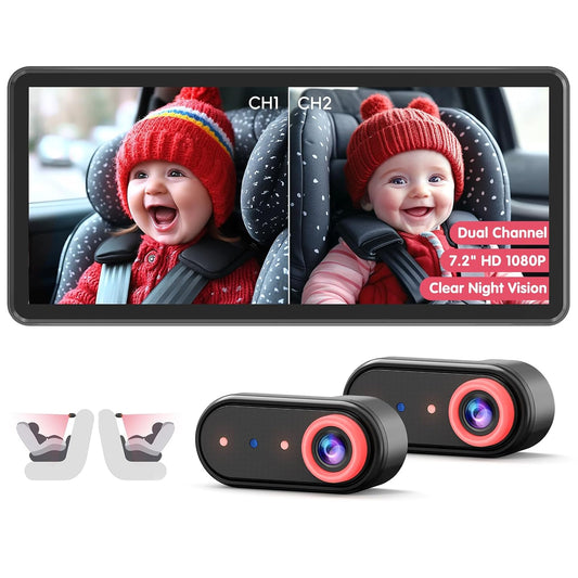 BM5PRO 7.2" Dual Camera Baby Monitor, 1080P HD Display for 2 Kids, Night Vision, Easy Install Car Baby Monitor, Ideal Gift, Rear Seat Safety for Babies & Pets