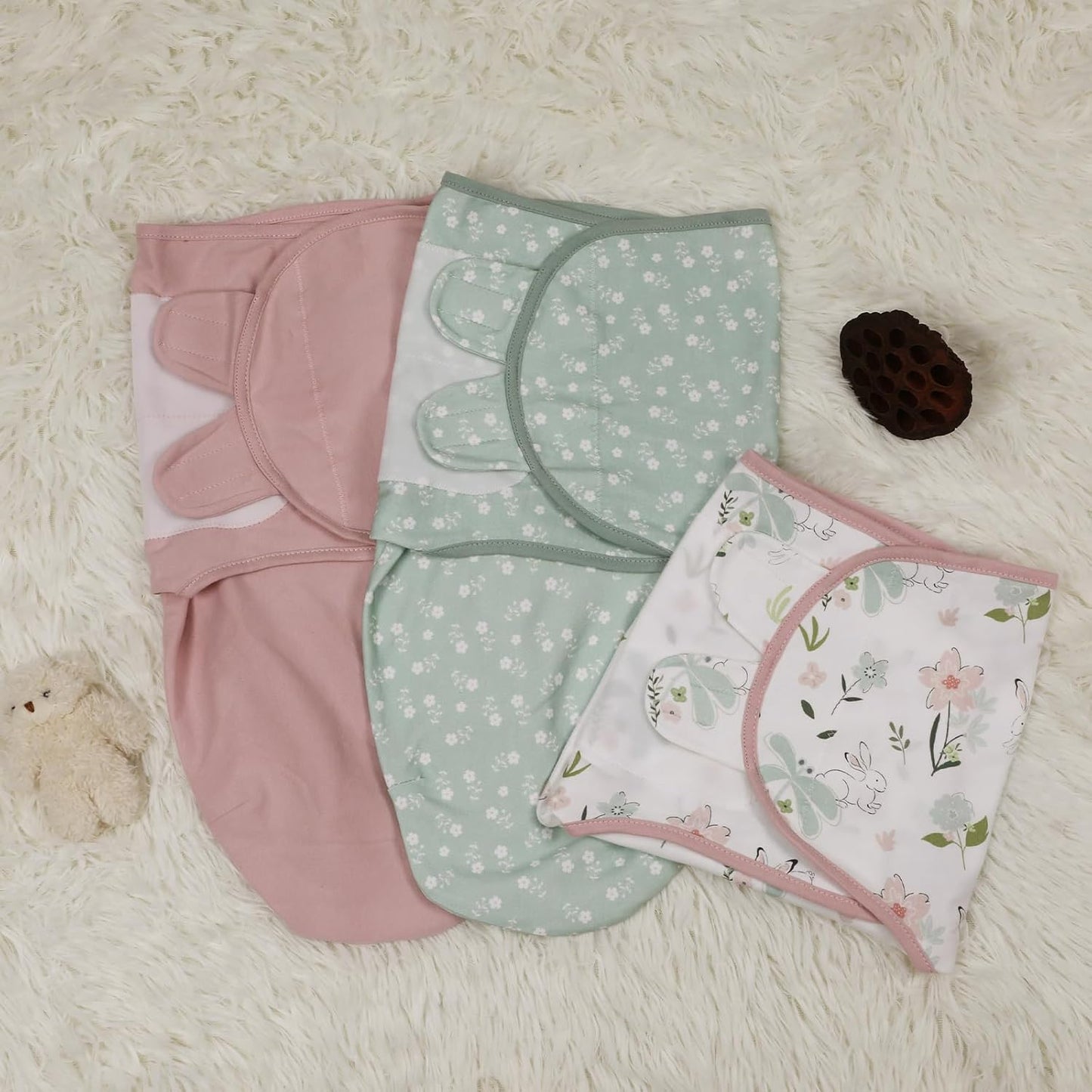 Baby Swaddle Sacks, 3-Pack Newborn Organic Cotton Swaddle Wrap, Adjustable Swaddling Blankets, Nursery Swaddling Essentials for Newborn 0-3 Months, Infant Shower Items Gift (Flowers & Rabbits)