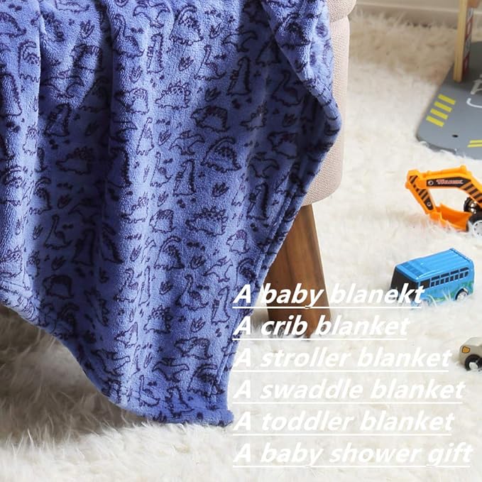 CREVENT 30"X40" Lightweight Fuzzy Fluffy Warm Plush Baby Blanket for Boys Infant Toddler Newborn Crib Cot Stroller - Blue Dinosaur