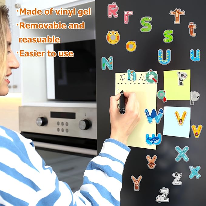 Whaline 2 Sheets Alphabet Letters Thick Gel Clings Cute Animals 26 Uppercase & Lowercase Window Gel Decals for Educational Spelling Learning Home Classroom Nursery Decor