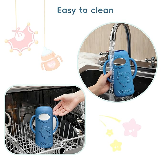 3-Pack Silicone Bottle Sleeve with Handles for Dr. Brown’s 8oz Narrow Glass Baby Bottles – BPA-Free, Heat-Resistant, Anti-Slip Grip, Easy to Clean, Multiple Colors (8oz,Dark Green + dark blue + white)