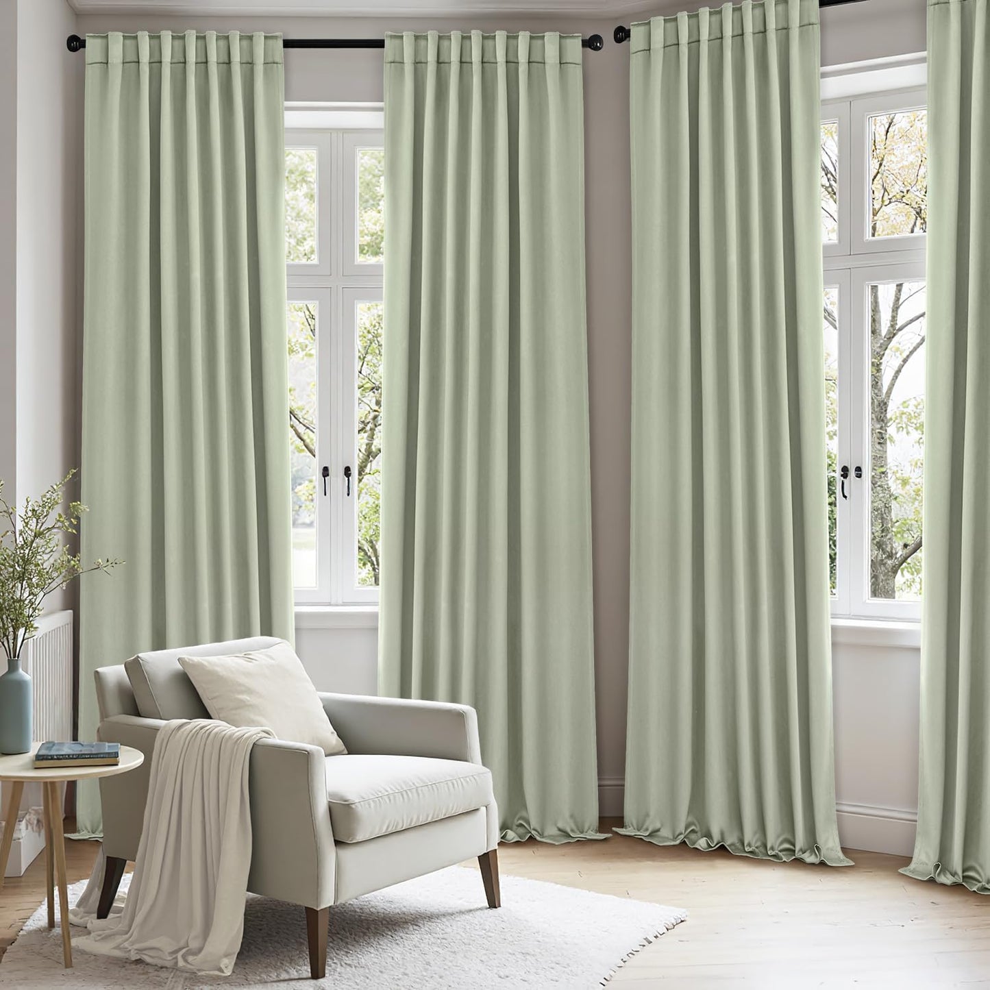 ANRODUO Back Tab Blackout Curtains for Bedroom Living Room, Rod Pocket Pinch Pleated Thermal Insulated Room Darkening Curtains 120 Inches Long 2 Panels, Sage Green, 52 x 120 Inch