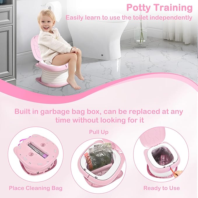 2025 Upgraded Portable Potty Training, Travel Potty for Toddler, portable toilet for kids Foldable, Apply to Seat Emergency Toilet for Camping, Outdoor,Car, Indoor(Pink)