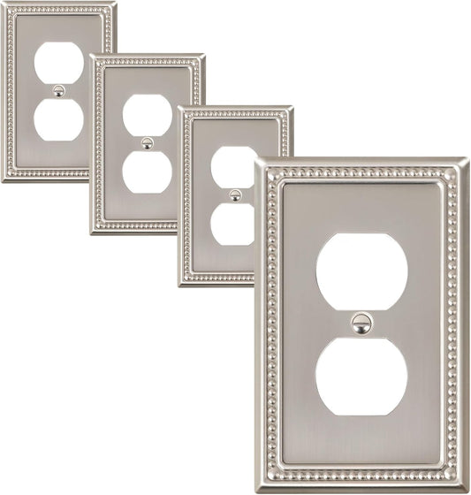 4-Pack Duplex Outlet Cover Plate, Metal Wall Plates for Electrical Outlets, Brushed Nickel 1 Gang Receptacle Cover, Pearls Decorative Switch Plates and Outlet Covers