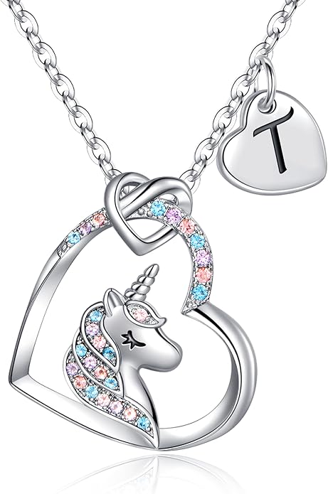 Hidepoo Unicorn Necklace Gifts for Girls - Colorful CZ Heart Pendant Initial Unicorns Necklaces for Teens Little Girls Jewelry Birthday Gift for Girl Daughter Granddaughter Niece