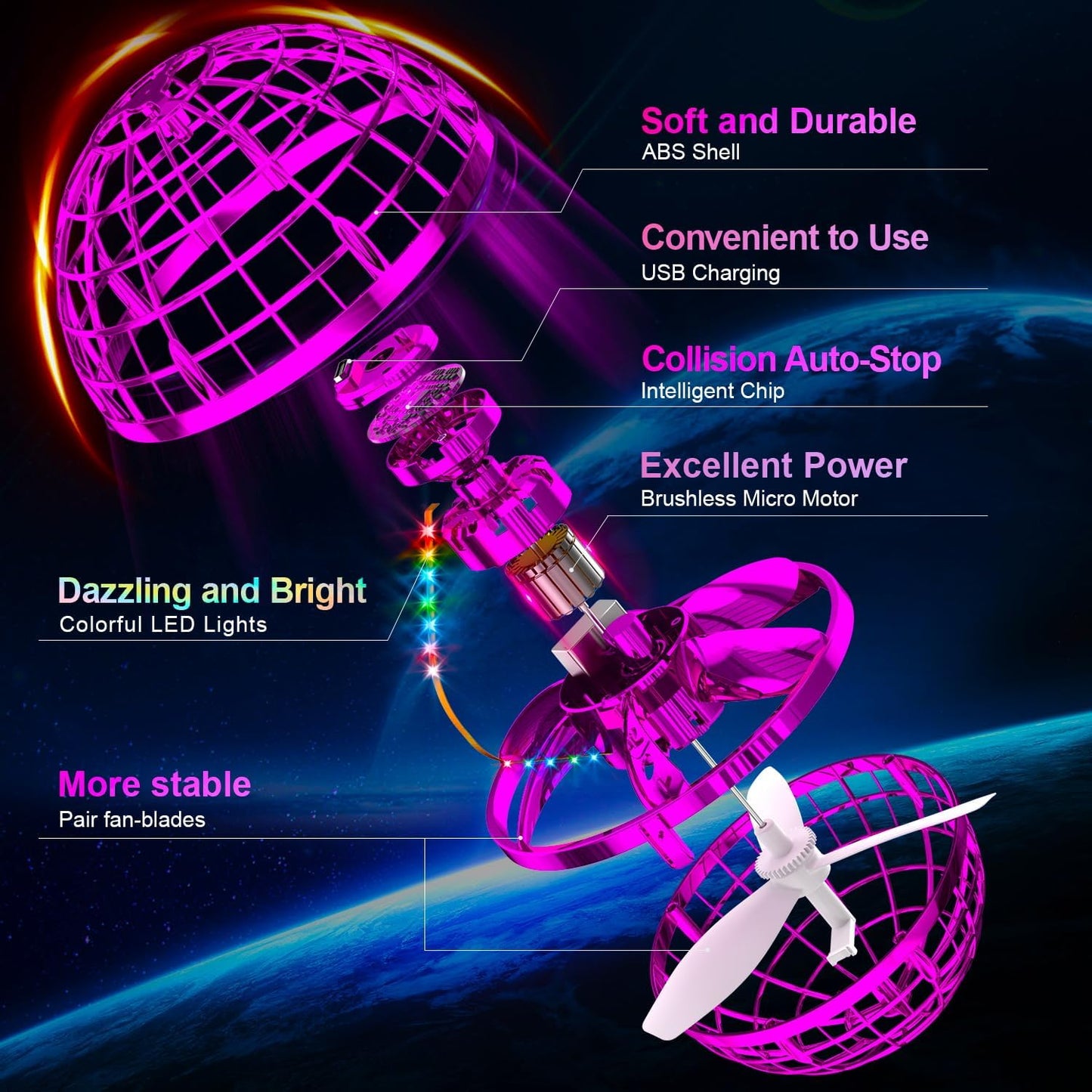 Flying Orb Ball (Pink, 2025 Upgraded) with Dazzling Lights, Magic Hover Spinner, Boomerang Drone, Floating Cosmic Globe, Kids Outdoor Toys for 6 7 8 9 10 Year Old Boys Girls