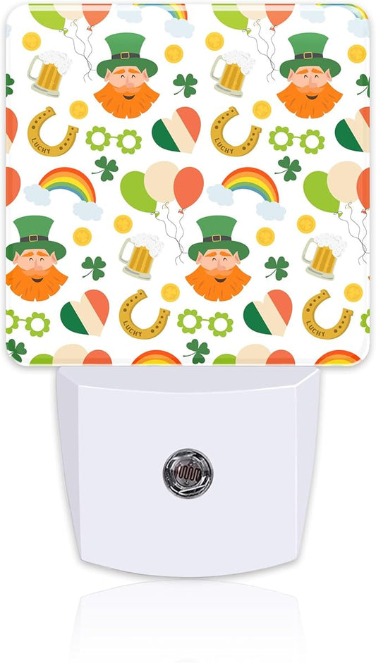 St. Patrick's Day Cute Pattern Night Light for Kids,Green Shamrock Leprechaun and Rainbow Night Light Plug in with Dusk to Dawn Sensor, 0.5w Energy Saving Sleep Friendly Nightlight for Kitchen Bedroom