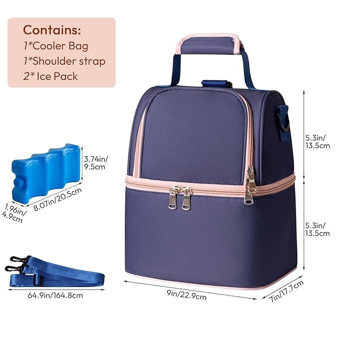 NCVI Breastmilk Cooler Bag with 2 Ice Pack, Breast Pump Bag with Cooler Fits 6 Bottles, Double Layer Breast Milk Baby Bottle Cooler Bag, for Travel, Nursing Mom Daycare, Work, Picnic (Purple)