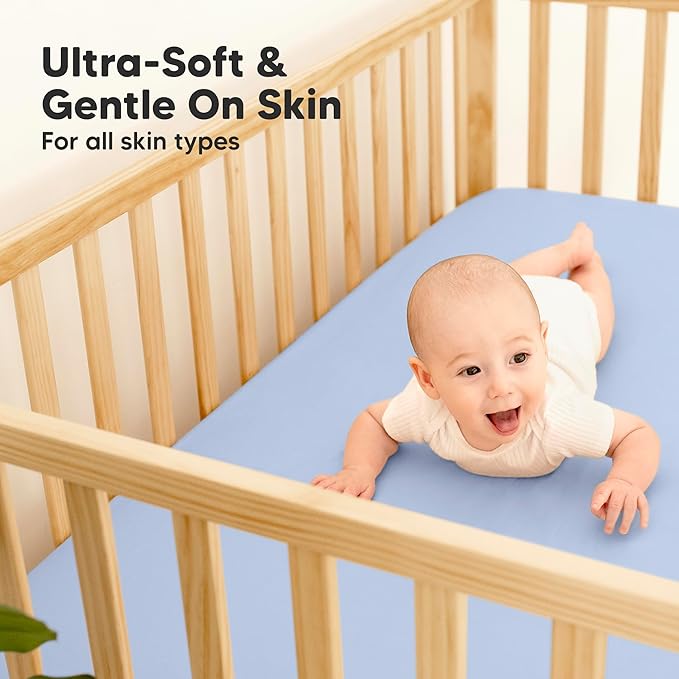 2-Pack Waterproof Baby Crib Sheets for Boys, Girls - 52x28 Viscose Derived from Bamboo Toddler Bed Sheet Neutral, Fitted Crib Mattress Protector Cover for Baby Bedding, Soft & Gentle (Blue Flax)