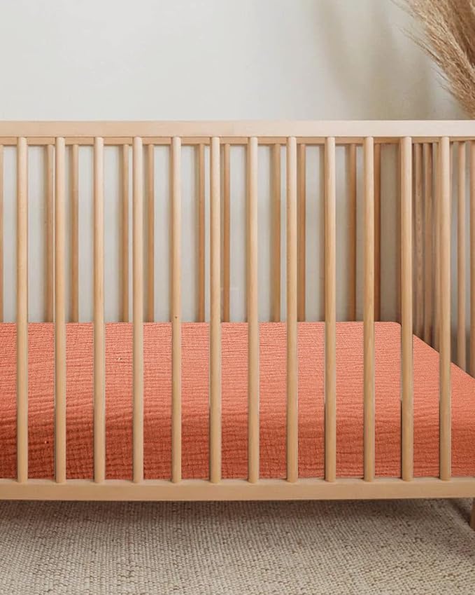 Mini Crib Sheets for Baby, Fitted Pack N Play Mattress and Mini Cribs 24" x 38", Neutral Muslin Cotton Mini Crib Mattress Sheet with Boho Style, Soft and Breathable Comfort (Brick)