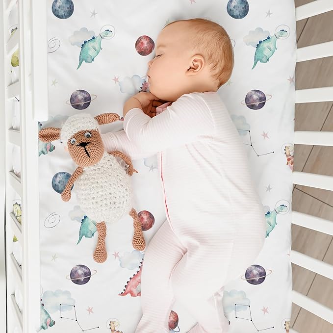 Nap Mat Sheet 47"x24", 3 Pack Dinosaur Baby Crib Sheets Fitted Elastic Corners, Preschool Day Care Rest Mat Cover, Soft Breathable - Compatible with Regalo My Cot, Joovy Travel Cot