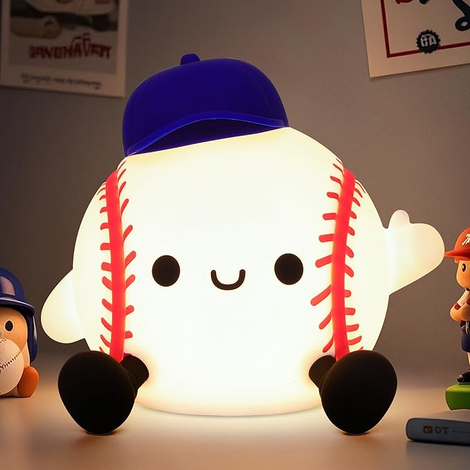 Lampeez Baseball Night Light, Soft Silicone Touch Lamp, Cute LED Nursery Nightlight & Bedroom Decor, Xmas Birthday Gift for Boys, Girls and Baseball Fans, Creates Soothing Glow for Bedtime