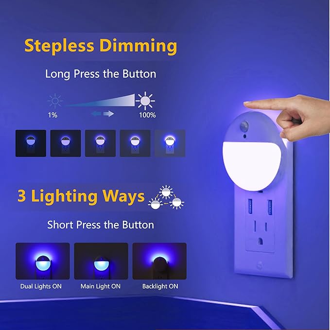 2 Pack Plug in Night Light with Motion Sensor and Dusk to Dawn Sensor, Stepless Dimming, Blue LED Nightlight with 3 Lighting Ways for Bathroom, Bedroom, for Girls, Boys, Adults
