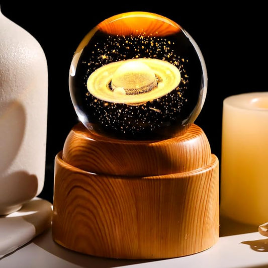 3D Saturn Crystal Ball 2.36“ Engraved with Rotated Wood Bases, Crystal Sphere Saturn Lamp Astronomy Gifts Physics Science Decor Space Gifts for Women Men