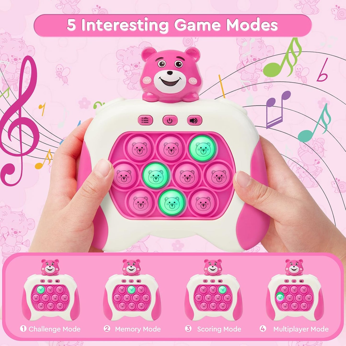 Quick Push Fidget Toy for Kids Adults, Fast Speed Pushing Game Console, Handheld Push Bubble Stress Relief Toy Bear-Pink