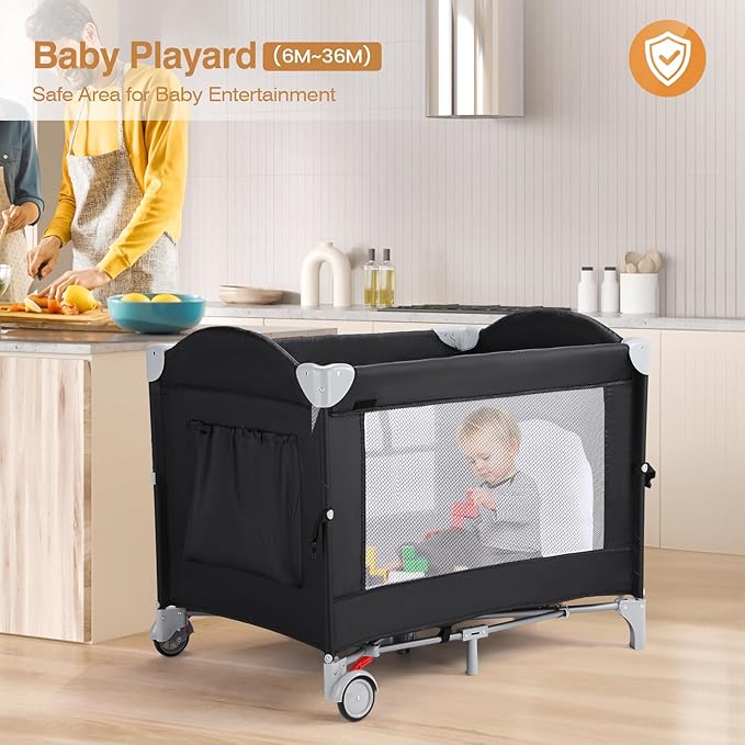 JOYMOR 4 in 1 Pack and Play, Baby Bedside Bassinet, Sturdy Play Yard with Padded Mat and Toy bar with Soft Toys
