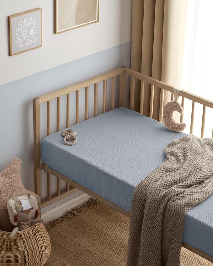 Blissful Diary Muslin Mini Crib Sheets, Pack and Play Mattress Sheets Fitted for Pack N Play, Soft Cotton for Boys Girls, 2 Pack(Light Blue&Grey)