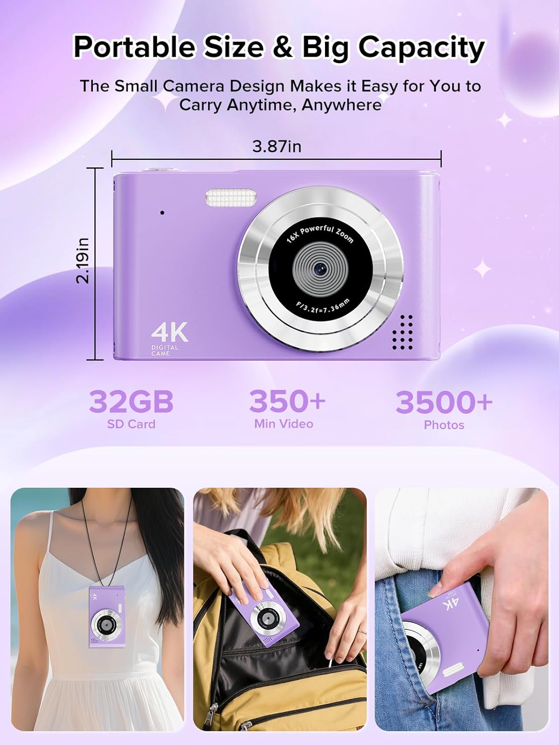 Digital Camera, 44MP Full HD 1080P Point and Shoot Camera with 64GB Card, Anti Shake 16X Zoom Compact Volg Cameras, Portable Small Digicam Gift for Kids, Ages Teen Girl Boy - Purple