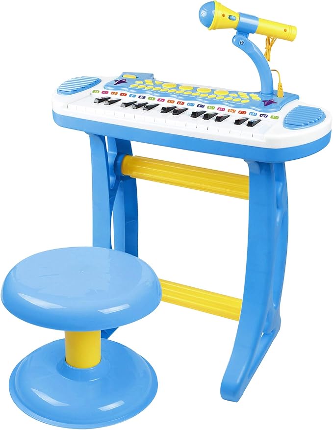 Qaba 31-Key Kids Toy Keyboard Piano, Electronic Musical Instrument with Multiple Sounds, Stool, Microphone and Bright Flashing Lights, Blue