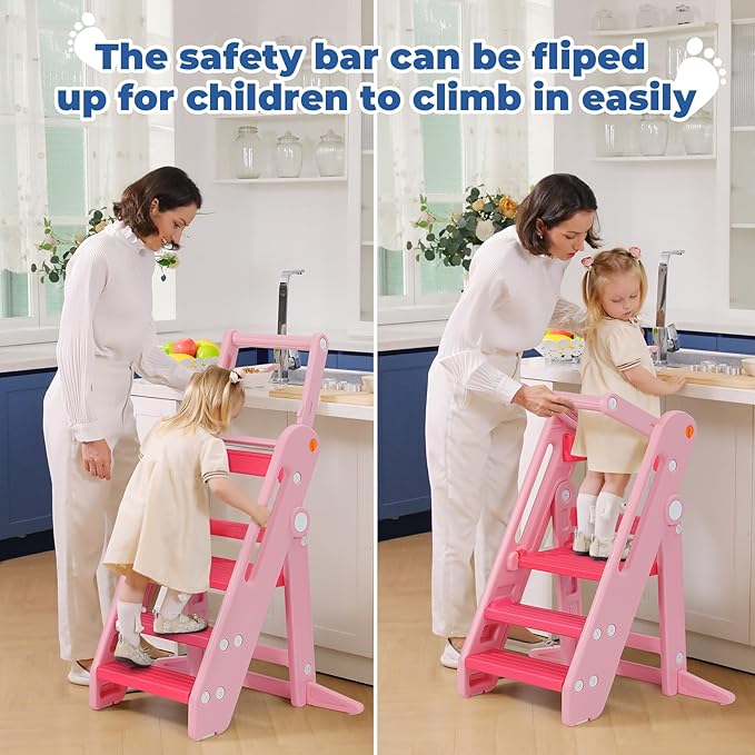 Onasti Toddler Tower Kitchen Stool Helper, Foldable & Adjustable Height Kids Learning Stool for Kitchen Counter Bathroom Sink, Child Ladder for Toddlers with Handles, Safty Rail, Non-Slip Pads - Pink