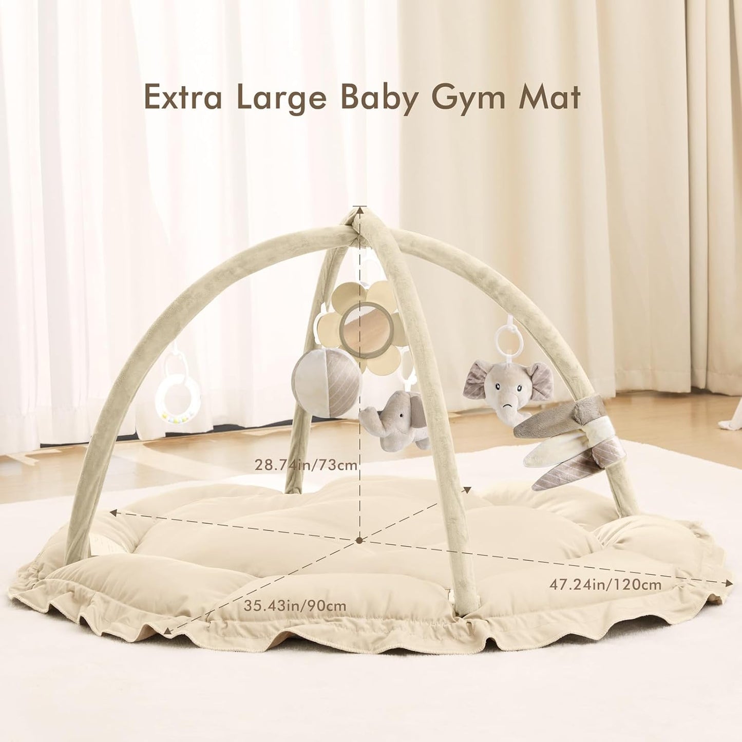 ANGELBLISS 5 in 1 Baby Play Gym Mat, Reversible Tummy Time Mat with 5 Sensory Toys for Stage-Based Developmental, Thick & Large Baby Activity Center from Newborn to Toddler (Khaki)