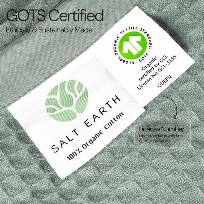 Salt Earth GOTS Certified 100% Organic Cotton Throw Blanket, 90" X 90" Blankets & Throws for Bed, Throw Blanket for Couch,Modern & Cozy Blanket, All Seasons Waffle Blanket, Soft Blanket (Silver Blue)