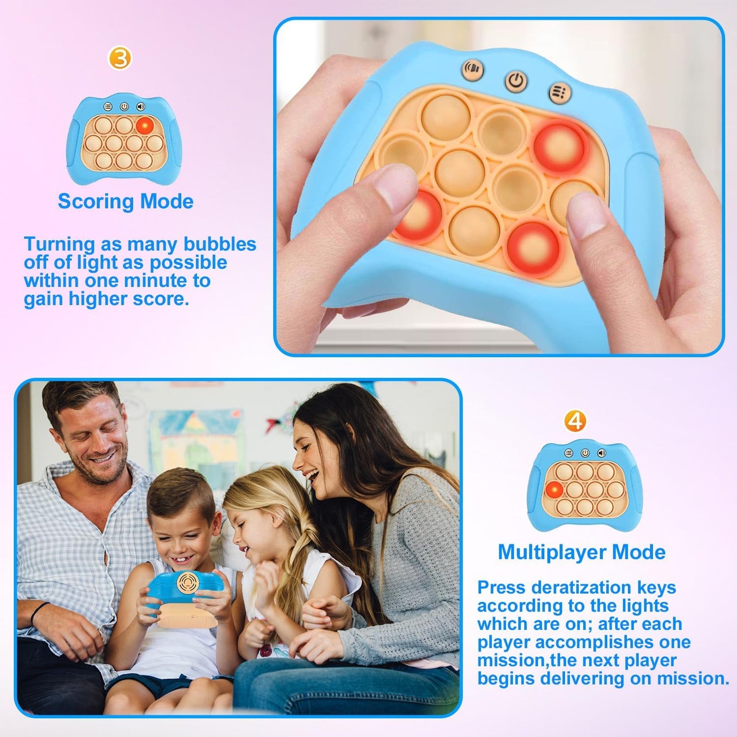 Quick Push Puzzle Game Machine Pop Fidget Light-Up Squeeze Poppet Sensory Toy Educational Push Pop Bubble Toy Stress Relief Party Favors Puzzle Game for Kids Teens Adults (Baby Blue)