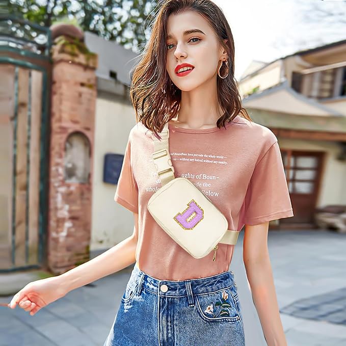 Gitus Gifts for 8 9 10 11 12 Year Old Girls Belt Bag Fanny Pack Crossbody Bags with Initial Letter Patch Cute Stuff Birthday Gifts for Teen Girls Women Personalized Trend Stuff (Ivory-D)