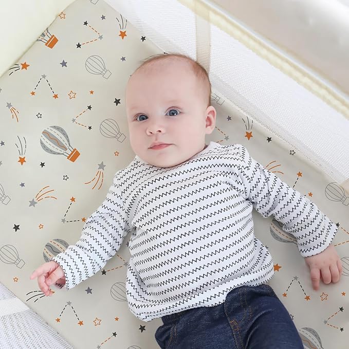 Pack n Play Sheets, BROLEX 2 Pack Mini Crib Sheets,Stretchy Portable Fitted Playard Sheet Set, Convertible Playard Mattress Cover,Ultra Soft Breathable Material,Starsmoon Balloon