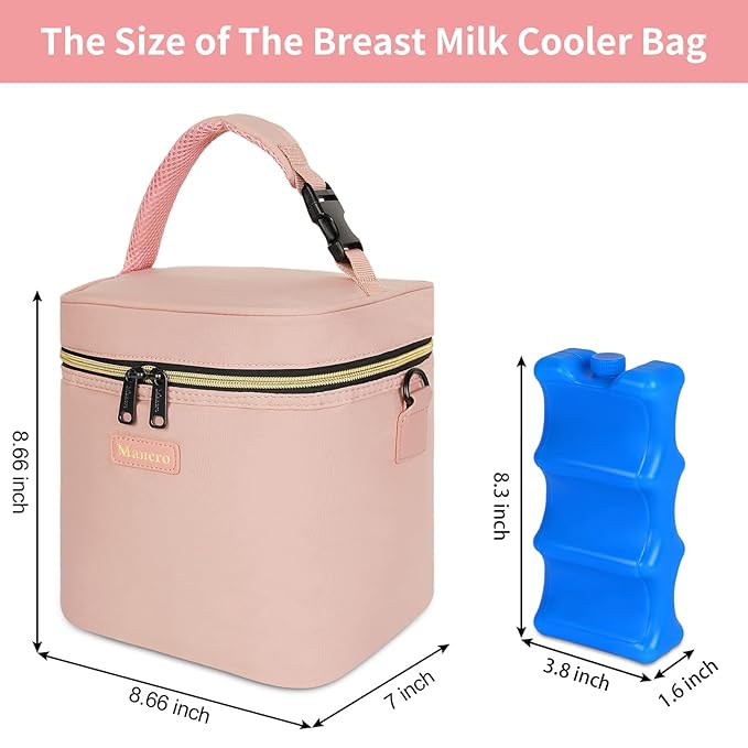 Mancro Breastmilk Cooler Bag Fits 6 Bottles Up to 9 Ounce, Insulated Baby Bottle Bag Comes with ice Pack and Shoulder Strap, Baby Bottle Cooler Bags for Daycare Nursing, Pink