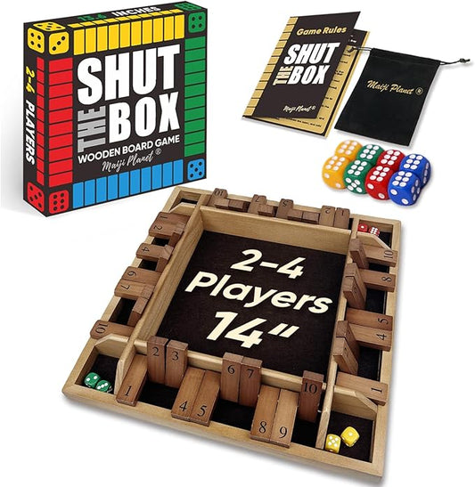 14" Deluxe Shut The Box Game, Math Dice Board Game for Travel, Wooden Table for Adult Senior, Travel Party Bar, Easy Quick and Fun, 2-4 Players