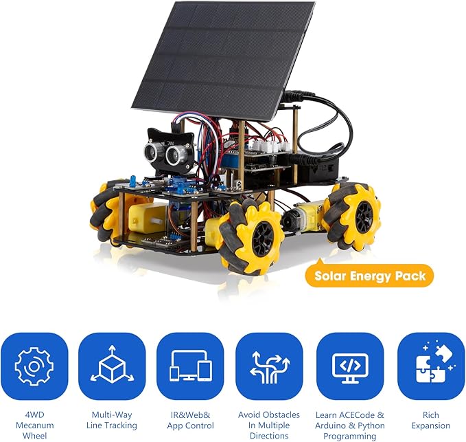 ACEBOTT Smart Robot Solar Energy Car Kit, 4WD Remote Control Car Compatible with Arduino IDE, Electronic Programming Project/STEM Education/Science Coding Kit for 12+ Teens Birthday Unique Gifts