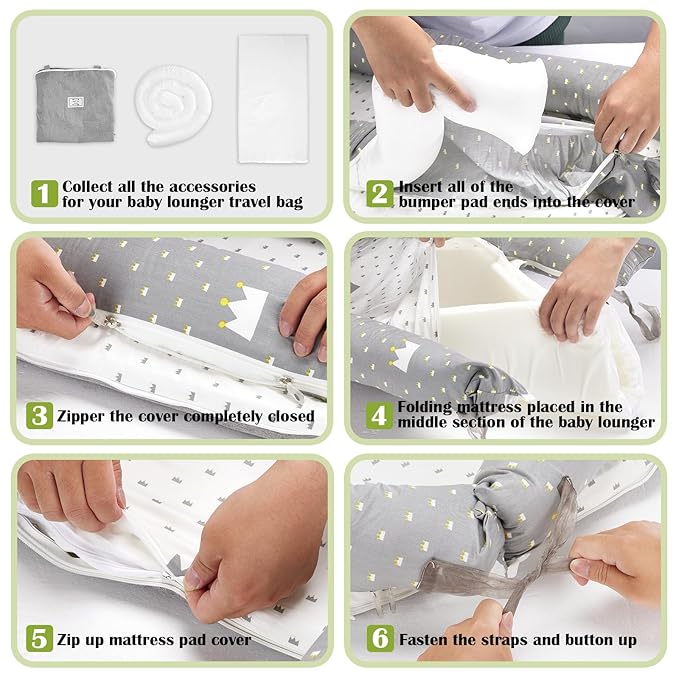 Baby Lounger for Newborn Portable Bag,Baby Nest Play Gym mat with Strap,Newborn Lounger Adjustable Size & Inner Zipper Lengthen Space to 24 Months(Letter Gray)