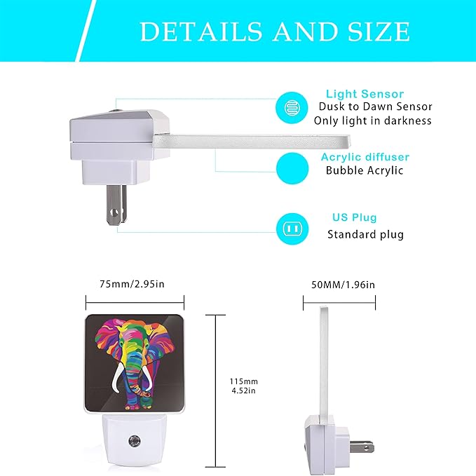 Elephant Night Light,Colorful Elephant Plug-in Night Lights with Dusk-to-Dawn Sensor for Stairway/Hallway/Kitchen Sleep Friendly lamp for Women/Girls/Boys Gift,0.5W