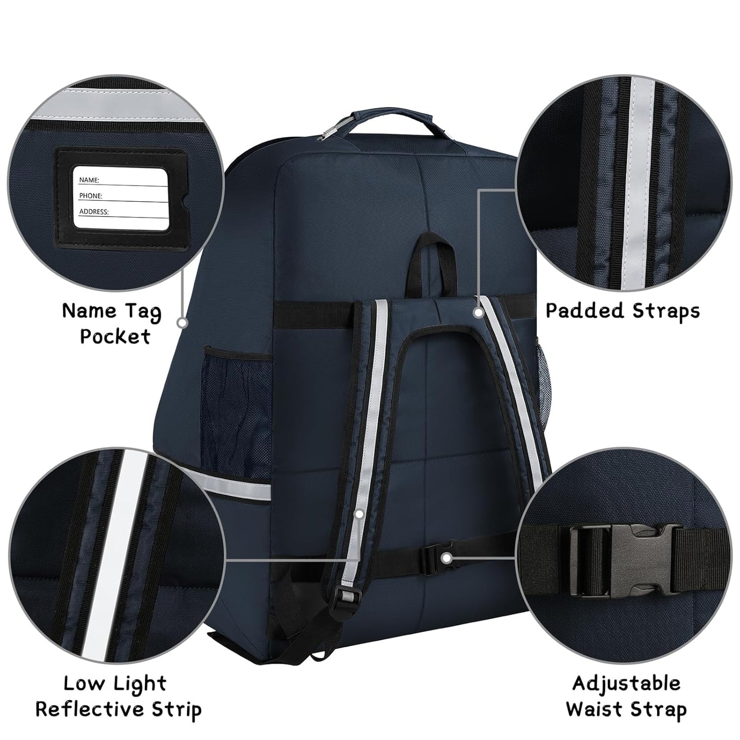 Car Seat Travel Bag - Padded Car Seat Carrier with Steel Cable Handle and Reflective Stripes, Large Durable Airport Gate Check Bag, Blue