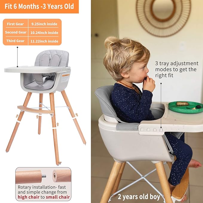 Mallify 3-in-1 Convertible Wooden High Chair, High Chairs for Babies and Toddlers, Baby High Chair with Adjustable Legs & Dishwasher Safe Tray, Made of Sleek Hardwood & Premium Leatherette, Gray