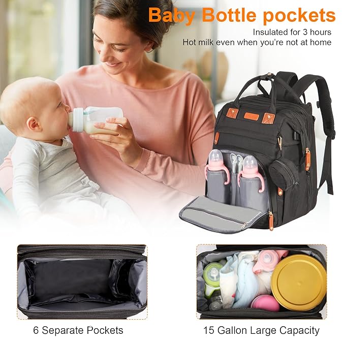 Diaper Bag Backpack, with Changing Table Backpack, 900D Oxford Cloth, Large Capacity Diaper Backpack, 3 in 1 Multifunctional Travel Baby Diaper Backpack (Large Black)