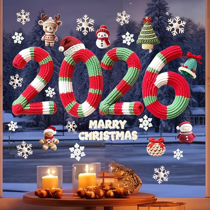 Christmas Window Stickers Clings Cute Christmas Snowman＆Hat Snowflake Winter Cartoon Knitting Wool Pattern Window Decal Decoration Glass Windows Sticker for Xmas 2026 New Year Party Decor Accessories